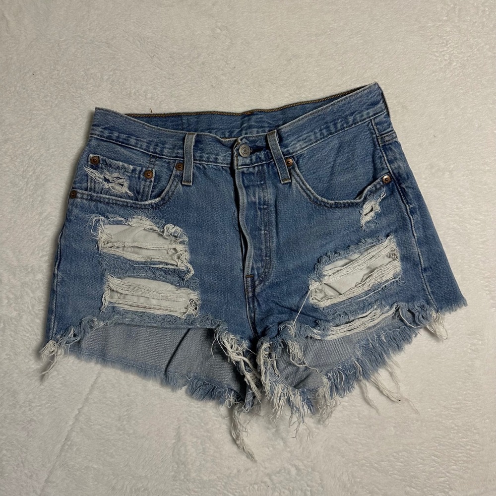 Levis 501 Original Distressed Cut Off Denim Shorts Light Wash Blue Button Fly 27
